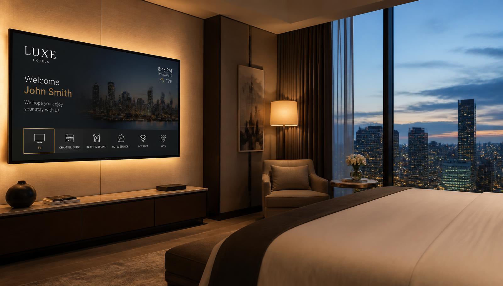 Luxury hotel suite with a hospitality IPTV welcome screen at dusk