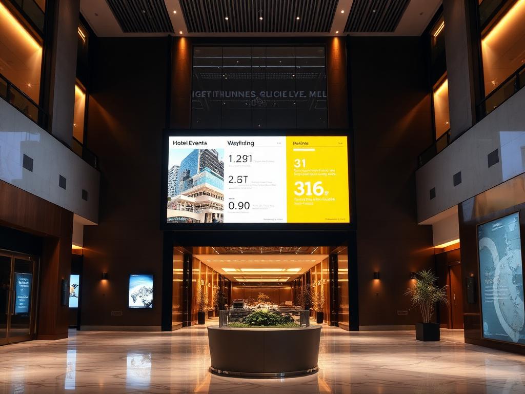 Hotel lobby digital signage screen and meeting room door display