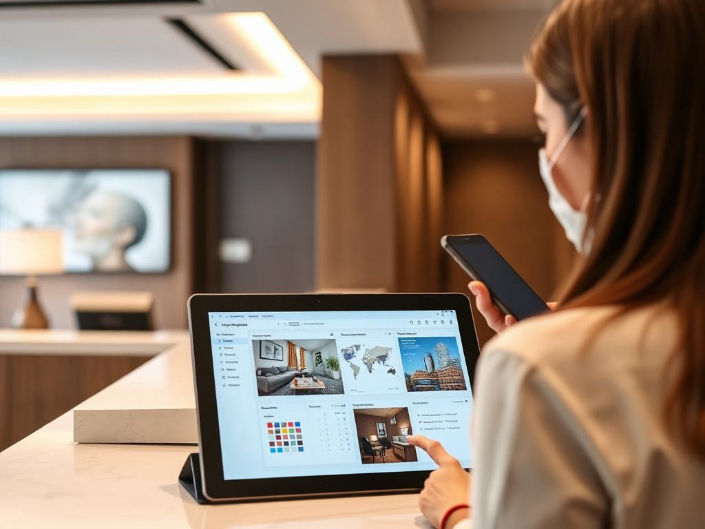 Hotel front desk tablet running guest room management and housekeeping workflows
