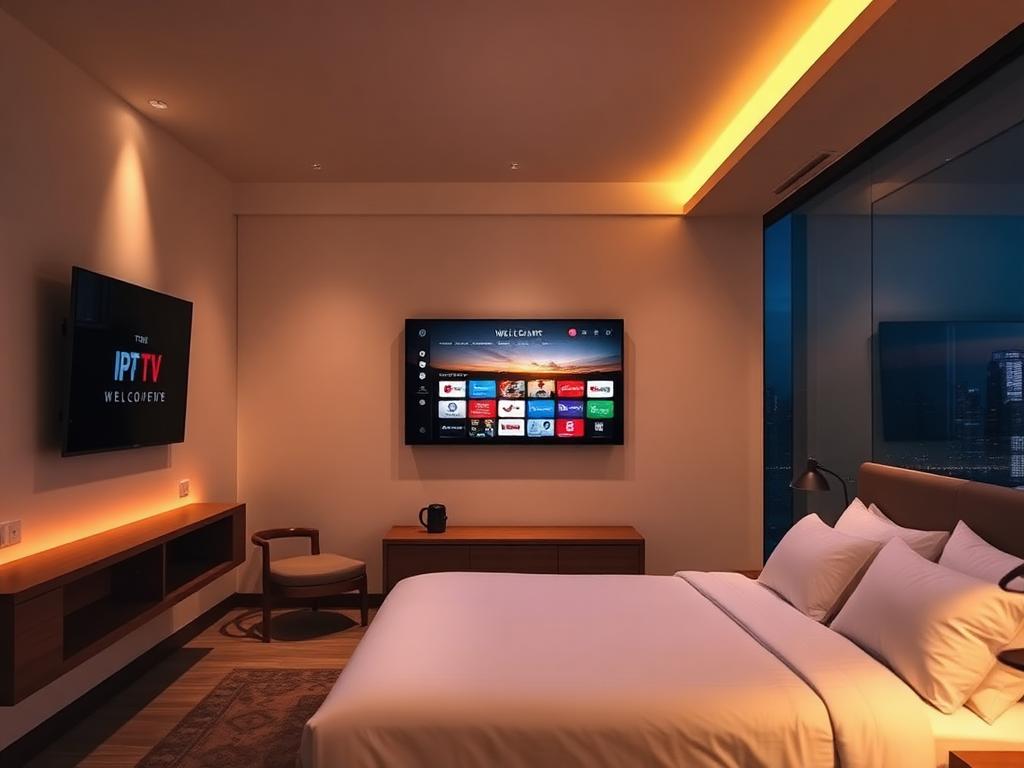 Hotel guest room television showing the 1.TV IPTV welcome screen