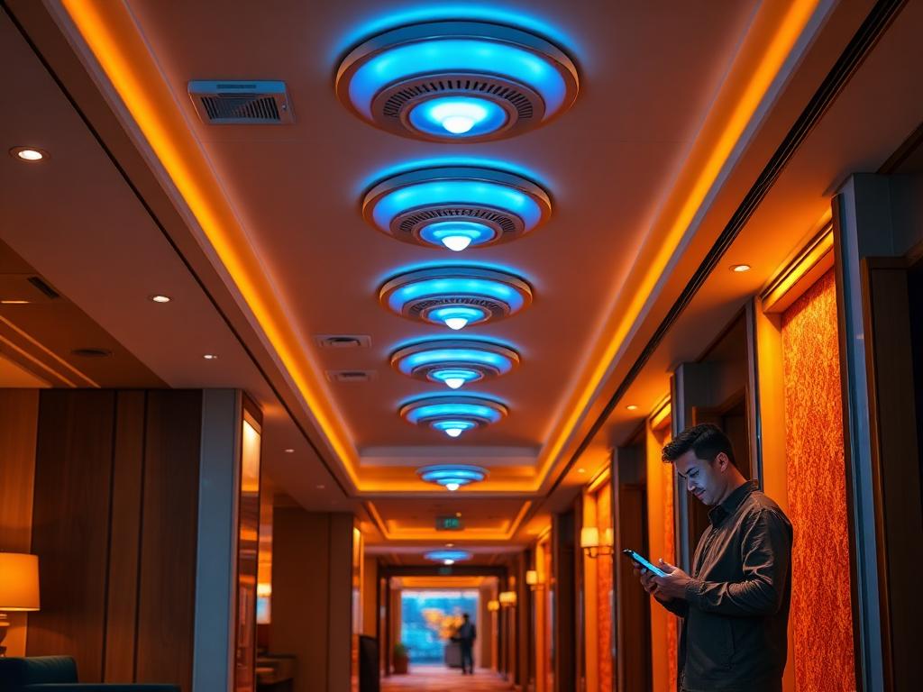 Hotel guest connecting to high-density hotel Wi-Fi in a lounge