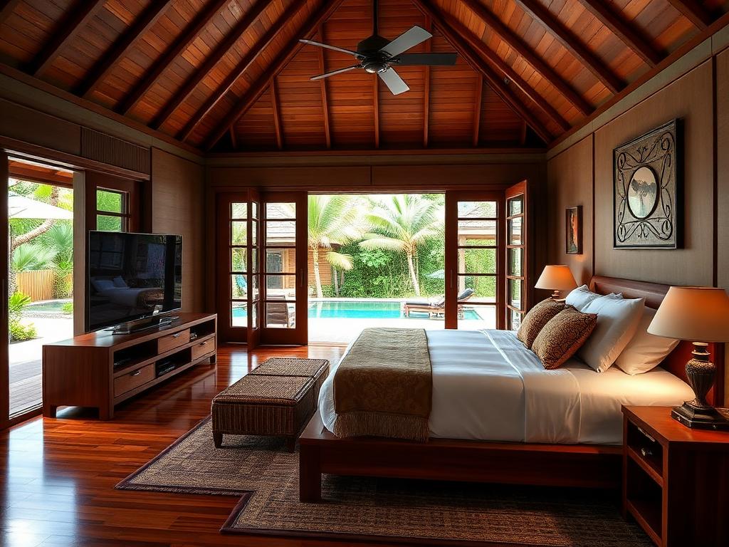 Asian villa resort bedroom with a large hotel IPTV screen
